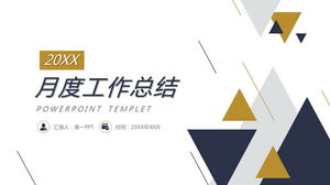 Monatliche Arbeitszusammenfassung PPT-Vorlage mit blauem und gelbem Dreieckhintergrund kostenloser Download