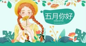 Ciao modello PPT maggio con sfondo ragazza fresca illustrazione