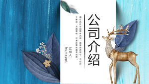Blue oil painting leaves deer background company presentation PPT template