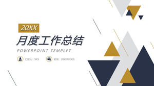 Monatliche Arbeitszusammenfassung PPT-Vorlage mit blauem und gelbem Dreieckshintergrund