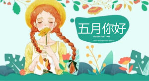 你好五月PPT模板与清新插画女孩背景