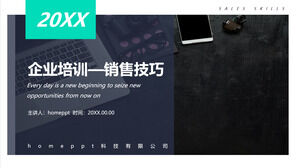 PPT template for dark blue sales skills training on the office desktop background