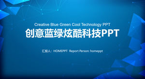 Plantilla PPT de informe de trabajo de la industria tecnológica con líneas de puntos azules y fondo poligonal