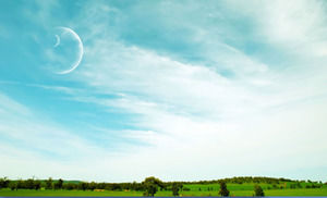 Trei cer albastru nori alb gazon verde copac PPT imagine de fundal