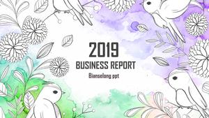 Modello PPT di uccelli e fiori letterario macchiato acquerello